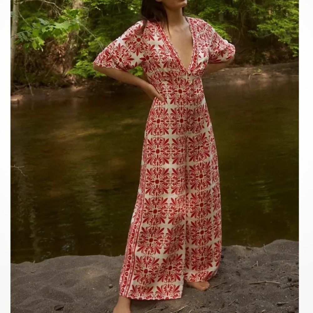 Anthropologie Farm Rio Carmina Linen Blend Wide leg Jumpsuit